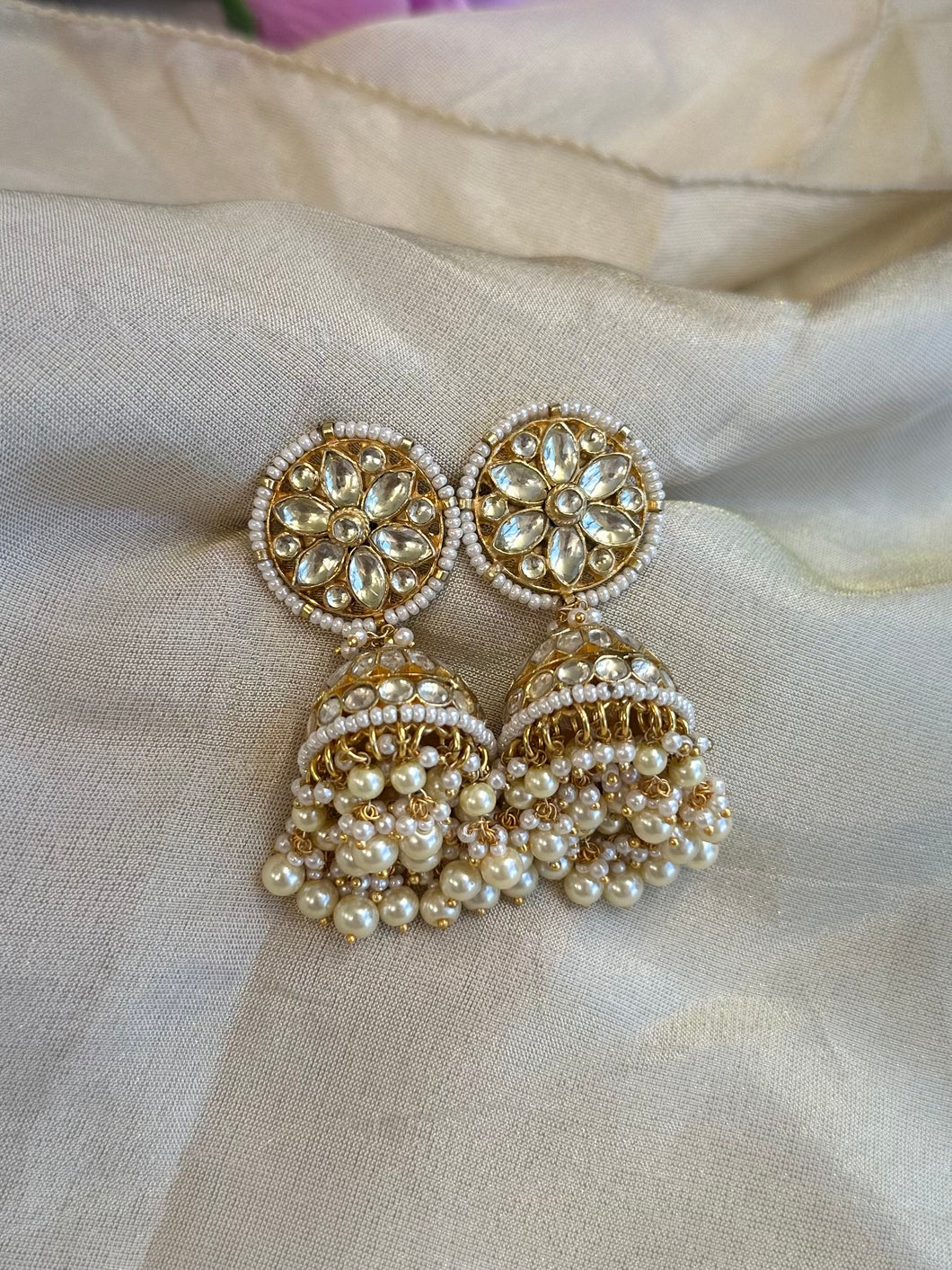Pachi Kundan Brass White Flower Jhumka Designer Earrings