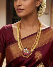 Load image into Gallery viewer, Premium Navratna Pachi kundan Coin Long Haram Necklace Temple
