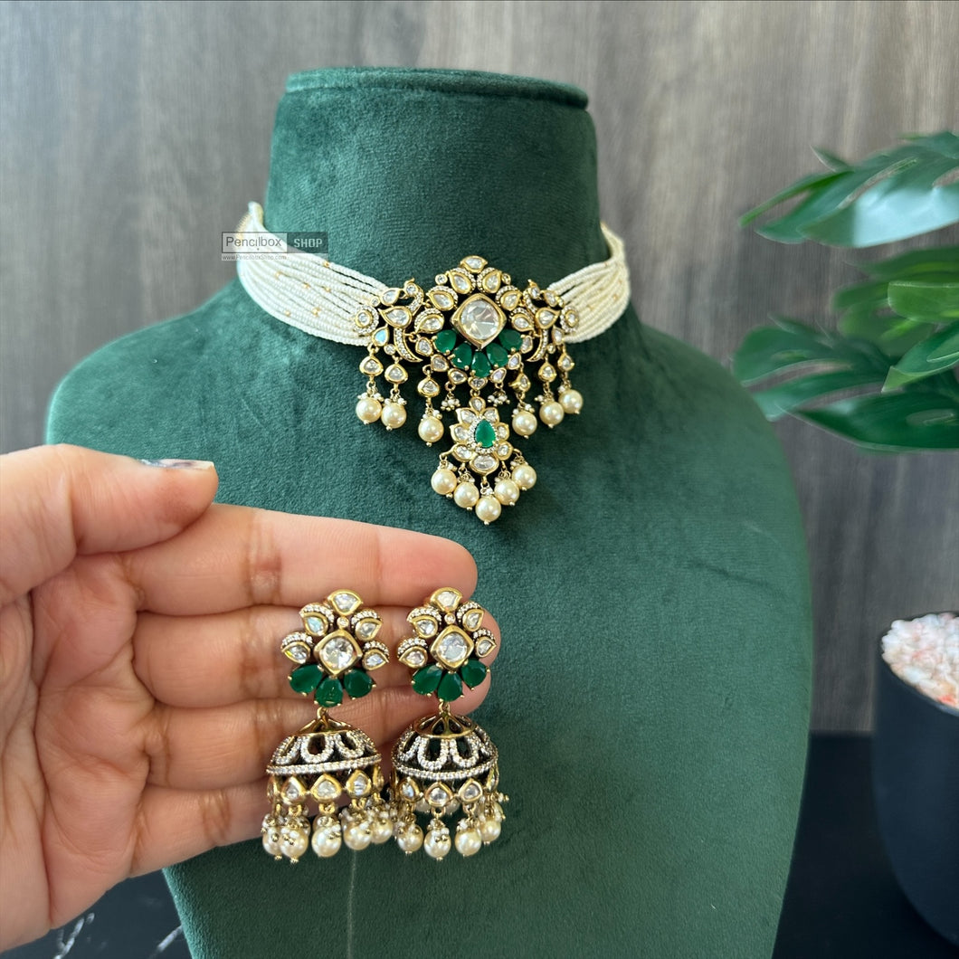 Tayani Gold plated green Premium Choker Necklace set