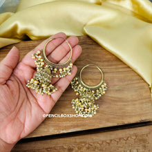 Load image into Gallery viewer, Golden Polki Big pearl jhumki Hoop earrings
