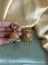 Load image into Gallery viewer, Peacock Carved Small Jhumka pearl earrings
