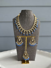 Load image into Gallery viewer, Radhs Light Blue Golden Kundan Polki Necklace Set with Maangtikka
