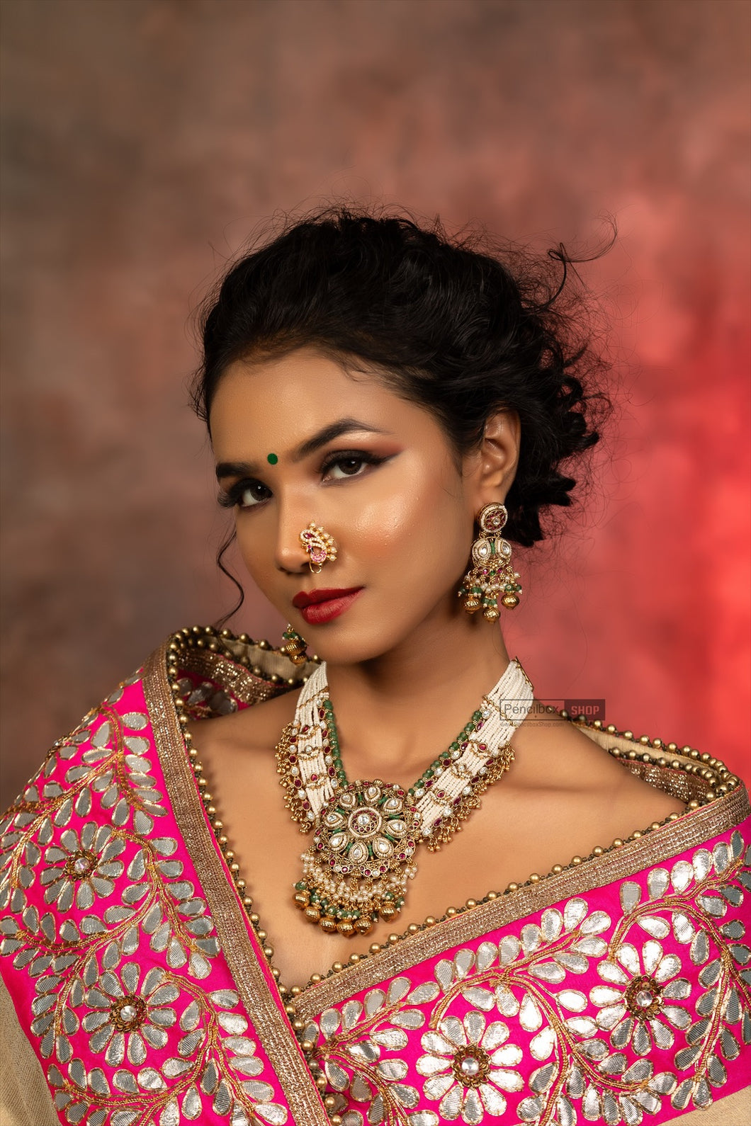 Heritage Rajwadi Green White Pearl Necklace set