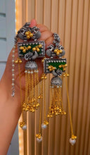 Load image into Gallery viewer, Ghungroo 92.5 coated Long Pearl Fusion Green Carved Ear chain Kashmiri earrings
