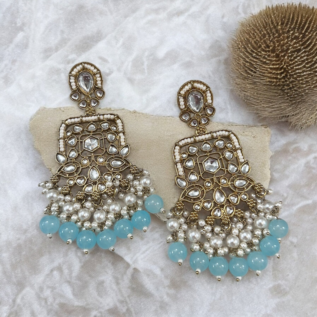 Kundan Square Pearl Drop Earrings