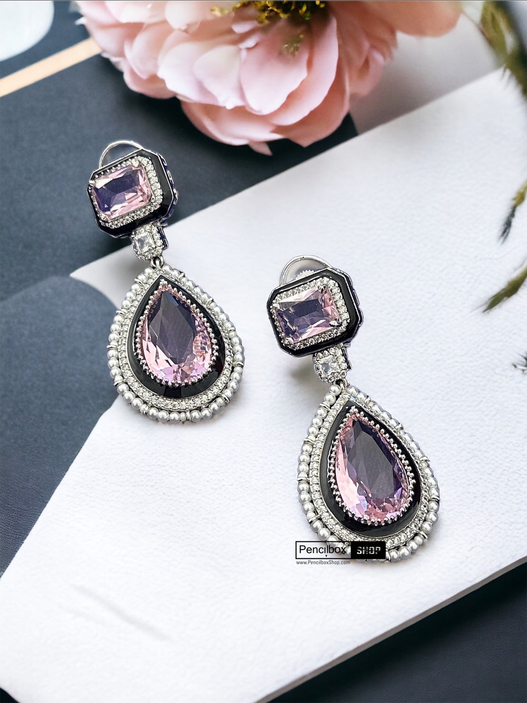 Enamel Pink black Designer Dangling earrings