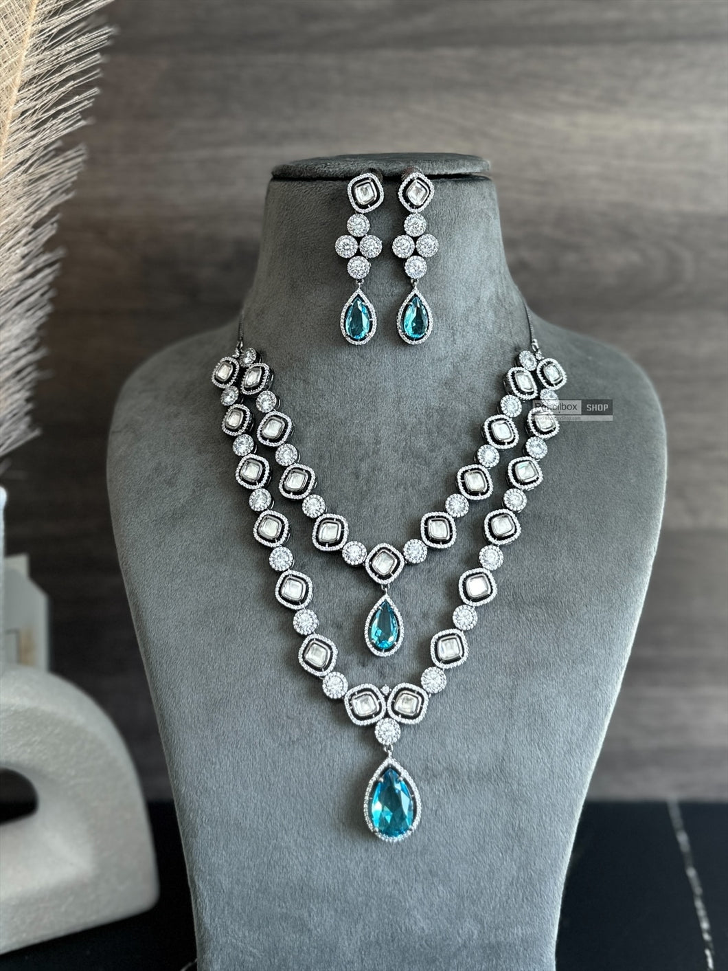Ocean Blue Double layered Victorian American Diamond  Necklace set