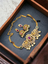Load image into Gallery viewer, Peacock cz Kemp Stone Choker temple ethnic Necklace set
