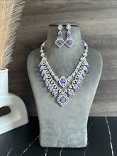 Load image into Gallery viewer, Purple Double layered designer Silver Finish American Diamond Necklace set
