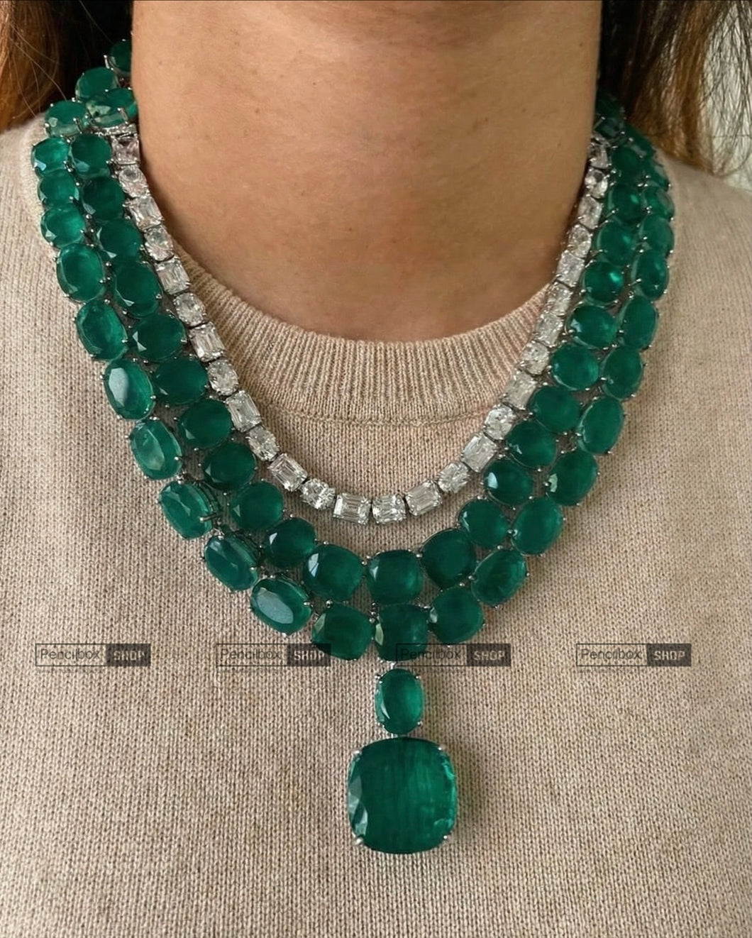 American diamond Solitaire Rhinestone three layer Doublet Designer Necklace set