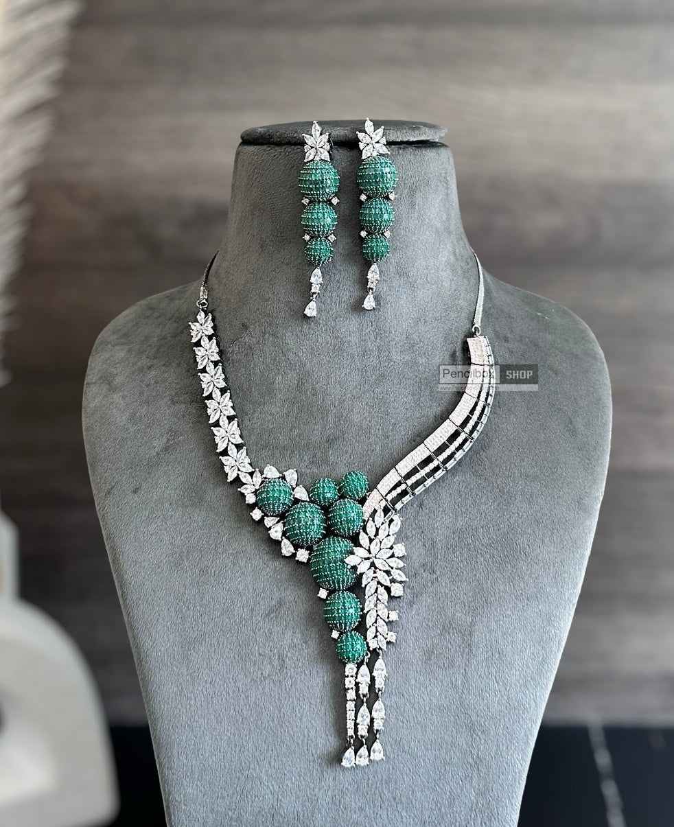 Emerald Green Invisible American Diamond Designer Dua tone  Necklace set