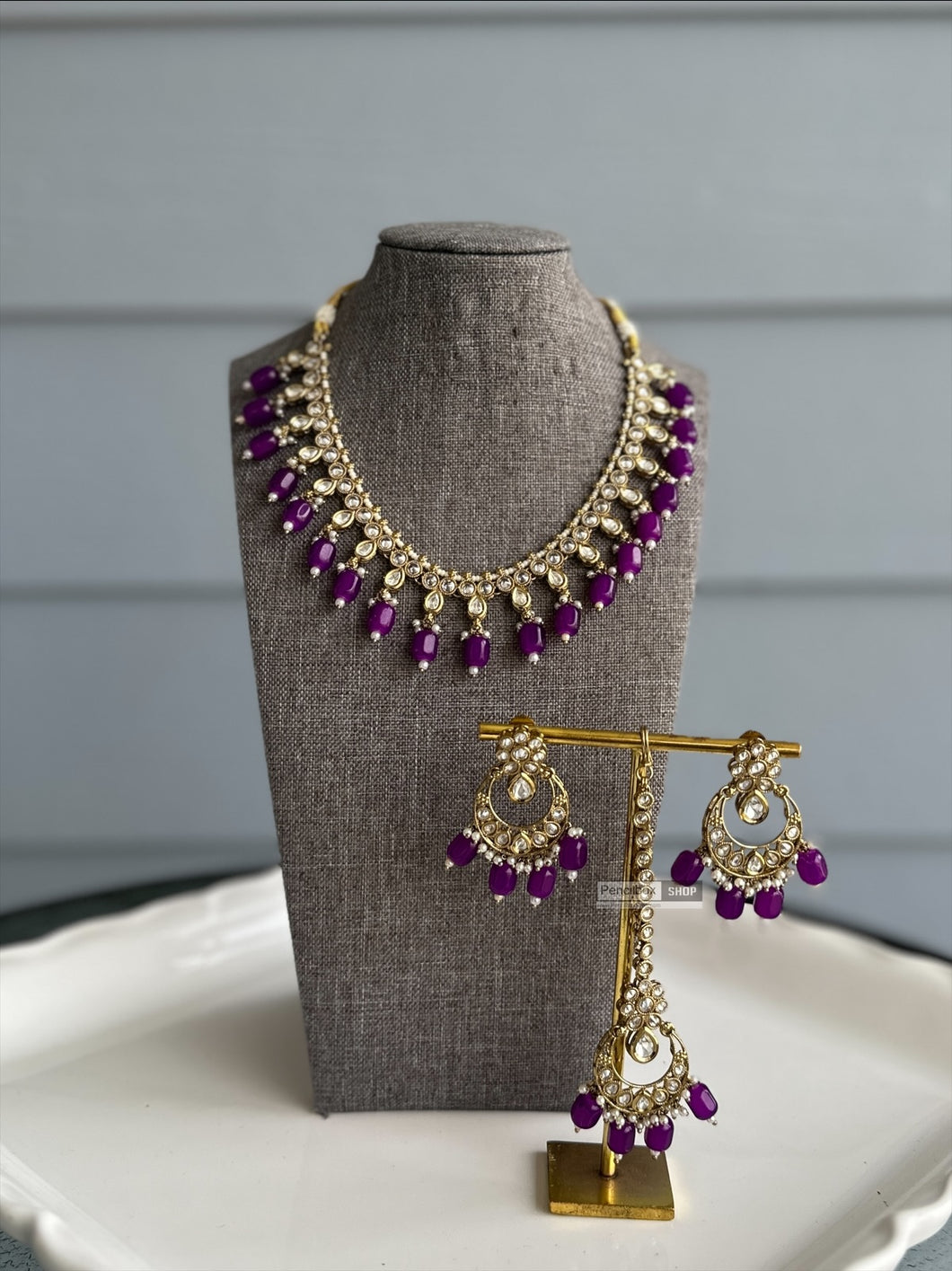 Radhs Purple Kundan Polki Necklace Set with Maangtikka