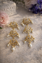 Load image into Gallery viewer, 14k Gold plated Flower layered Pearl Temple earrings
