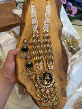 Load image into Gallery viewer, Rajwadi Peacock Rajwadi Green White Pearl Long Mala Necklace set
