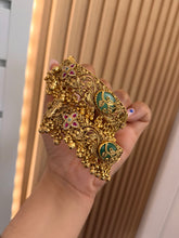 Load image into Gallery viewer, Swaroski work Inlay Ghungroo work Gold Look Openable Bangle Kada Set
