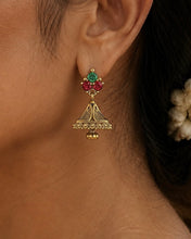 Load image into Gallery viewer, Ruby green Small Kemp Stone Brass Jhumka Earrings
