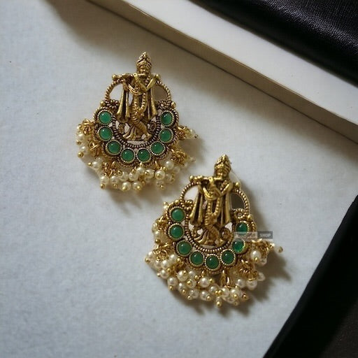 Green Krishna Small Pearl Earrings Temple Jewelry