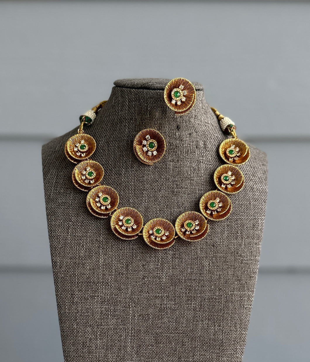 Soni 22k Gold plated Green Flower Designer Tayani Necklace set