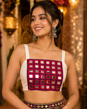 Load image into Gallery viewer, 36 size White Blue pink Big Mirror Navratri Cotton Blouse with margin
