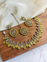 Load image into Gallery viewer, Jiya golden antique Yellow Kundan Polki Necklace Set with Maangtikka
