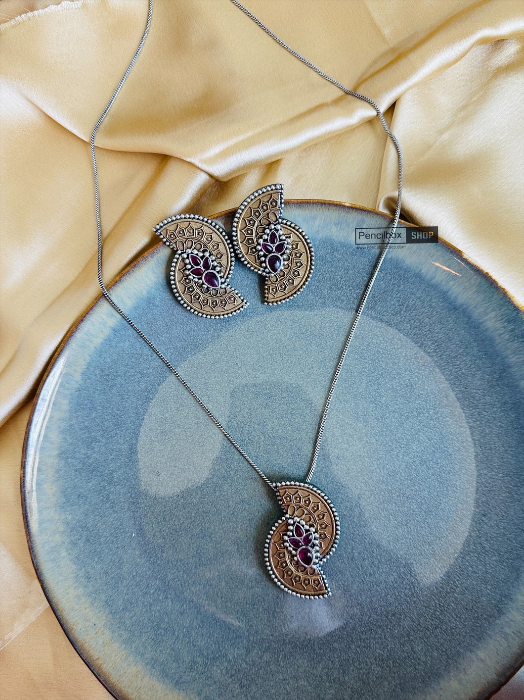 Ruby German Silver Pendant Ring  necklace set