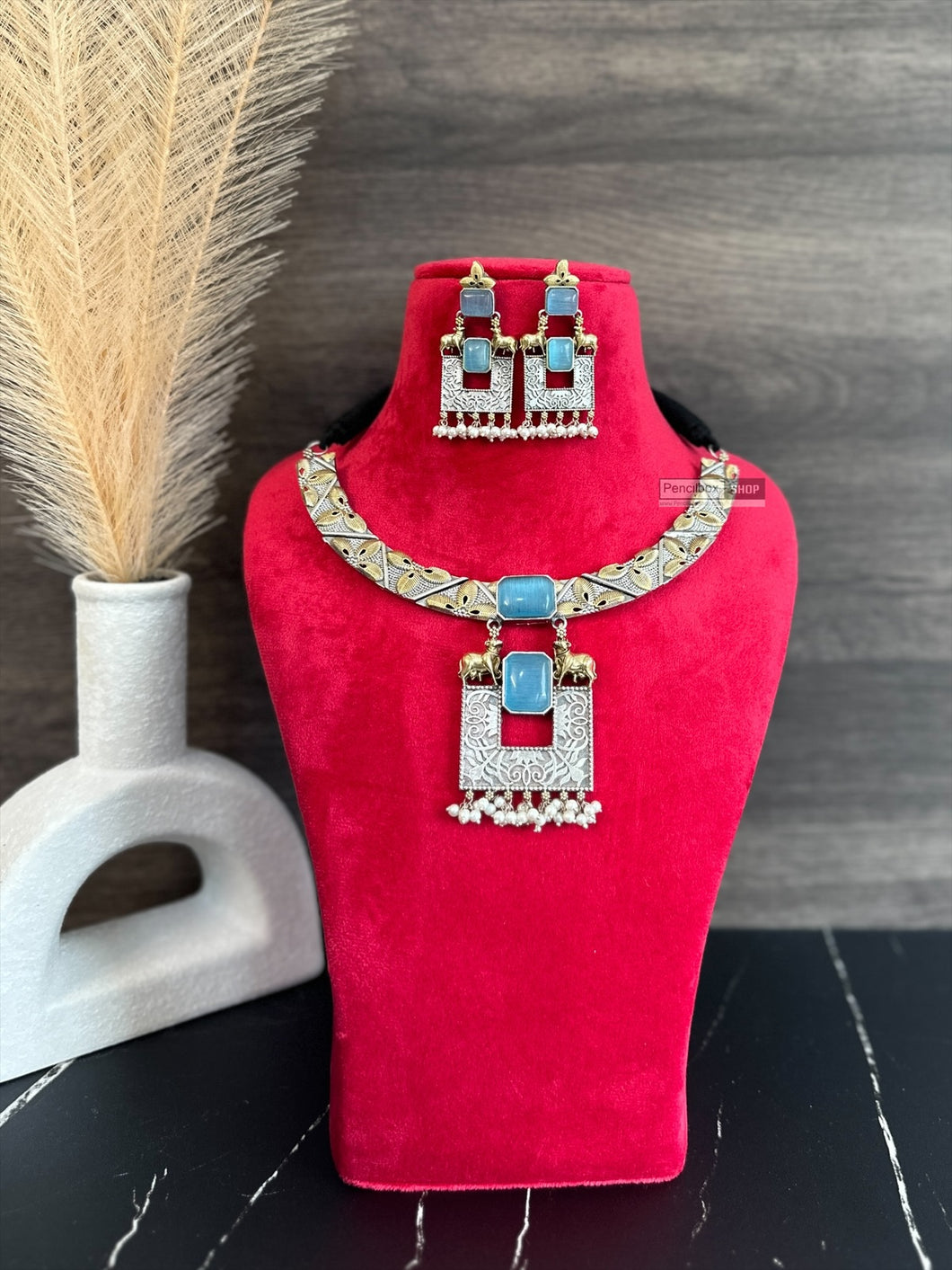 Firozi sky blue Nandi Fusion German Silver Dual tone Necklace set