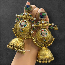 Load image into Gallery viewer, Firestone 92.5 German silver Fusion pachi Kundan Golden Jhumka Earrings
