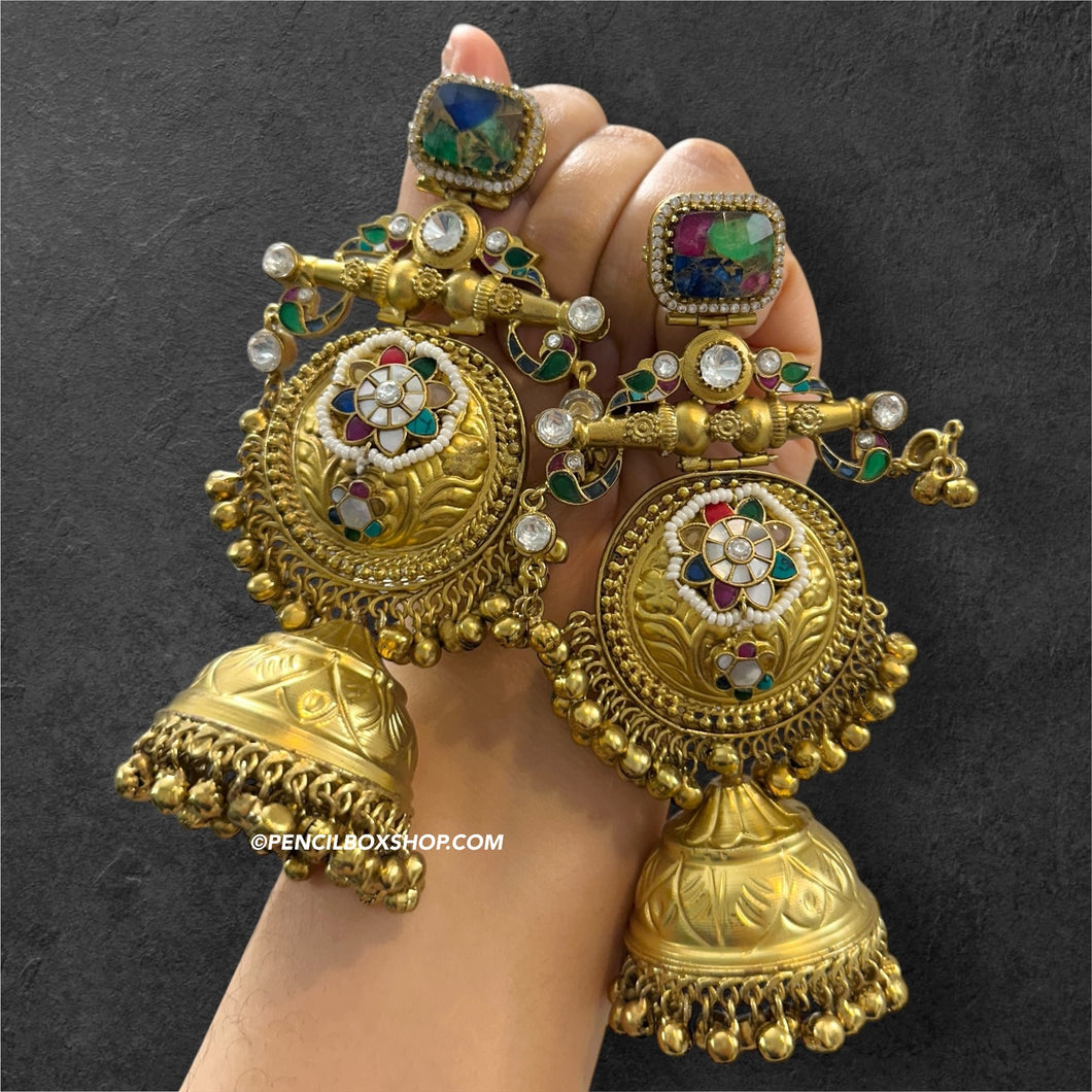 Firestone 92.5 German silver Fusion pachi Kundan Golden Jhumka Earrings