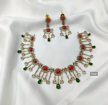 Load image into Gallery viewer, Golden Coral CZ Dangling Temple Necklace set
