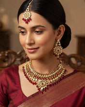 Load image into Gallery viewer, Aarni Kundan Ruby Heavy Statement Designer Bridal Piece Necklace set with maangtikka
