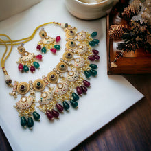 Load image into Gallery viewer, 22k gold plated Statement Ruby  Green Tayani Meenakari Necklace set
