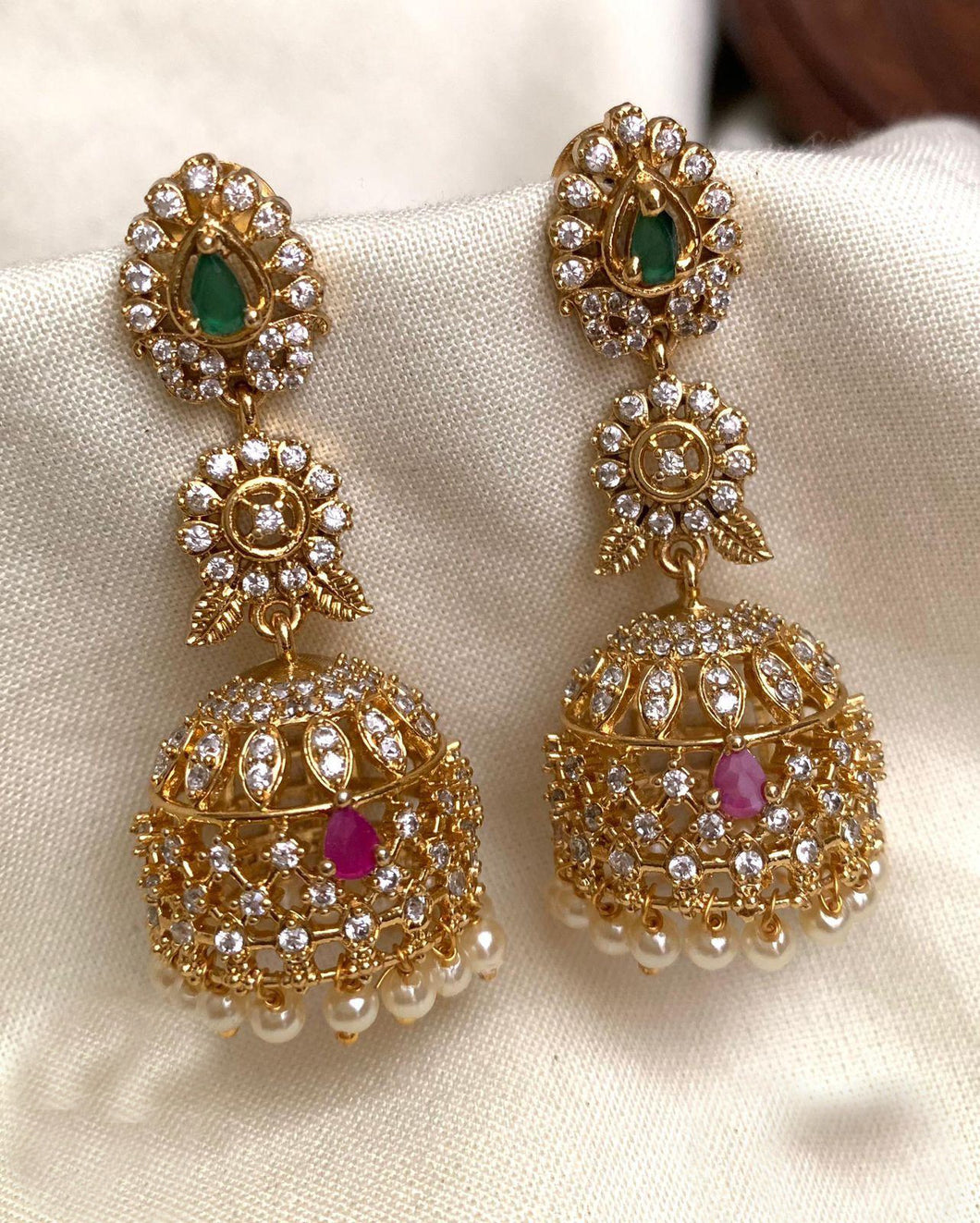 Multicolor Temple Gold Finish Stone Glass Stone jhumka cz earrings