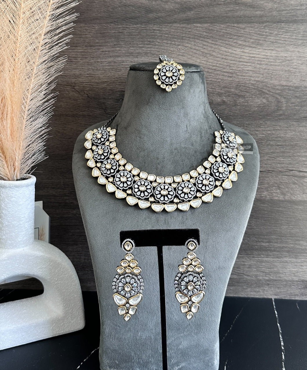 Dual Tone Grand Uncut Kundan American Diamond Designer Premium Necklace set