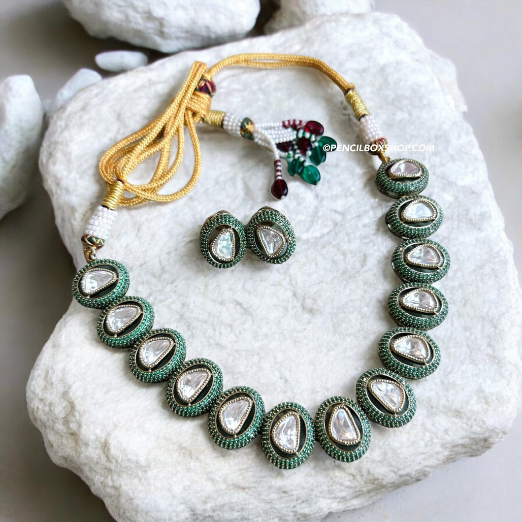 Green Invisible Setting Moissanite Statement Classy Necklace set