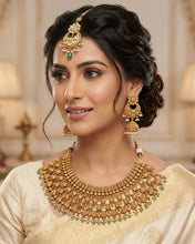Load image into Gallery viewer, Green Rajwadi Grand Pearl Rajwadi Necklace Temple Set
