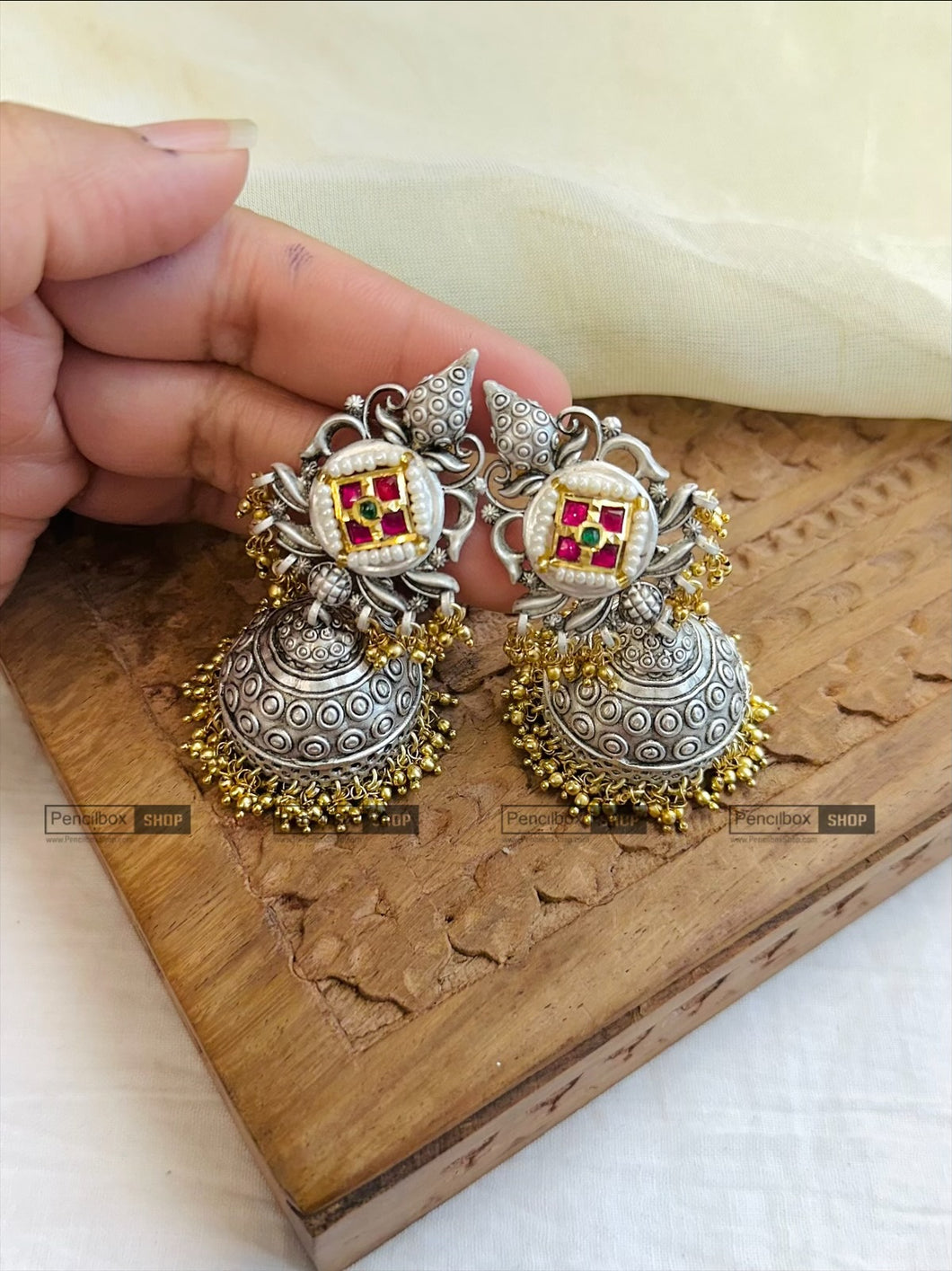 Dual Tone ruby green silver coated 92.5 silver coated Jhumka earrings