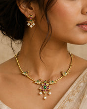 Load image into Gallery viewer, Peacock Lotus Kemp Stone Ethnic Temple Necklace set
