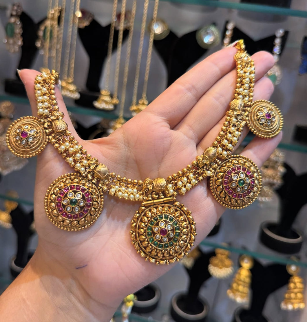 Elephant Ruby Green Golden beads Temple Ethnic necklace set