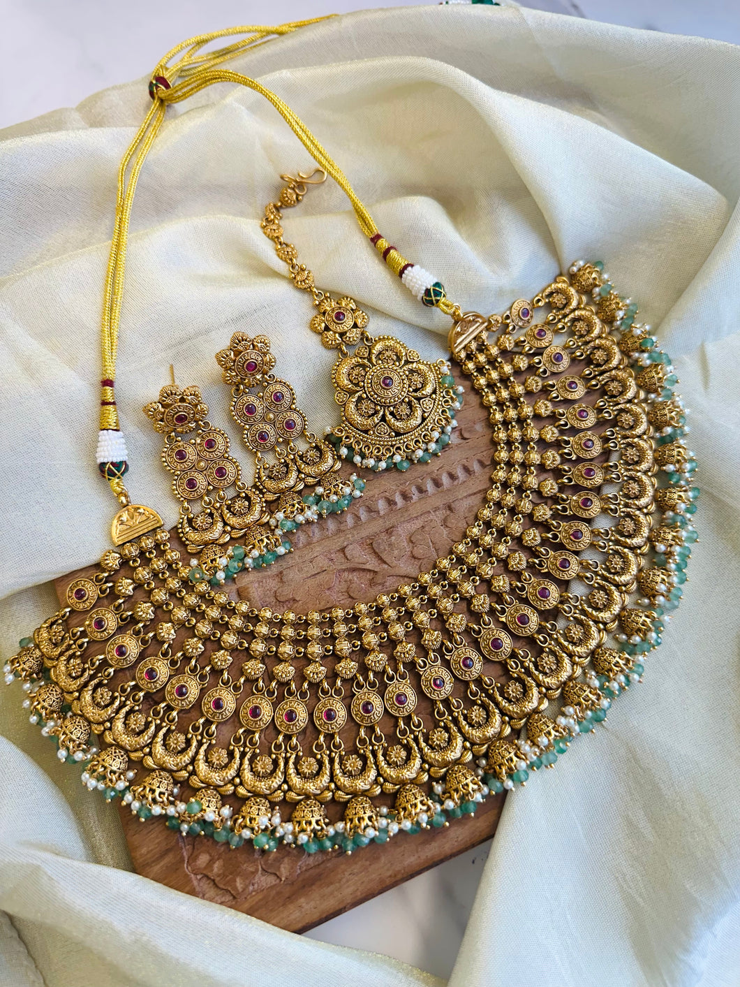 Green Rajwadi Grand Pearl Rajwadi Necklace Temple Set