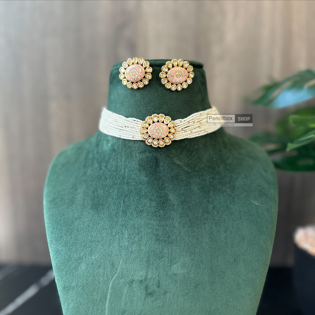 Tayani Gold plated Premium Enamel Pink Mint Choker Necklace set