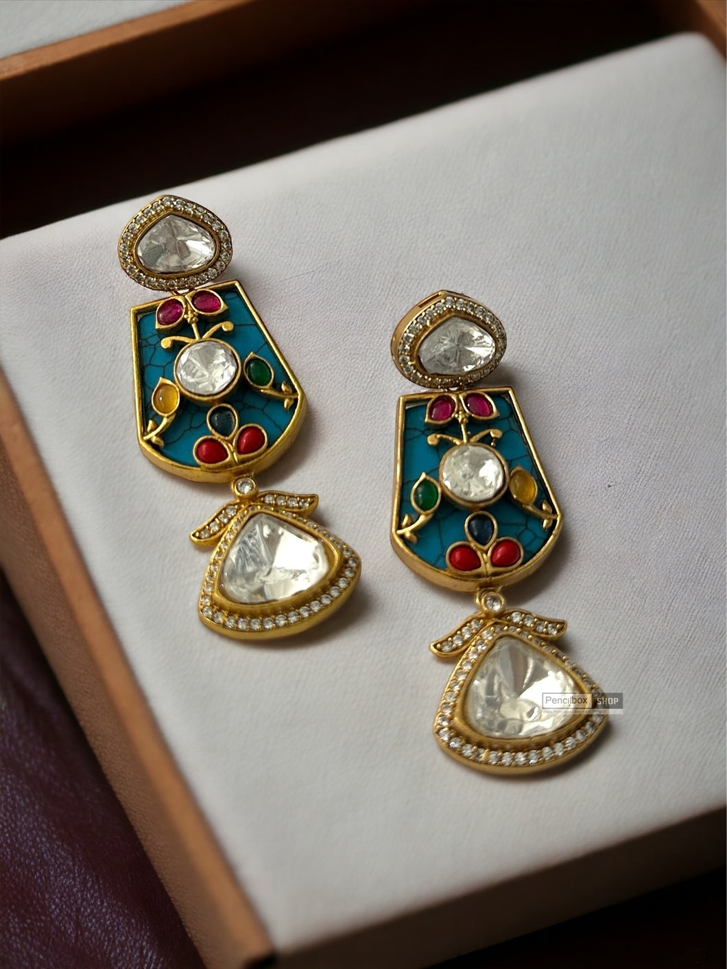 Inlay Multicolor Gold plated moissanite Hanging Earrings