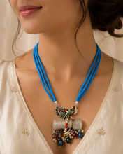 Load image into Gallery viewer, German silver blue Multicolor long Peacock Pachi kundan Necklace set
