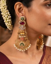 Load image into Gallery viewer, Ghungroo 92.5 coated Long Pearl Fusion Kashmiri earrings
