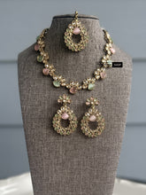 Load image into Gallery viewer, Mint pink Golden polki Single line Neckline Necklace set with jhumkas and maangtikka
