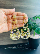 Load image into Gallery viewer, 14k Gold plated White Three layered Chandbali Jhumka earrings
