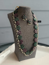 Load image into Gallery viewer, German Silver Premium Flower Stone Long Statement Necklace set

