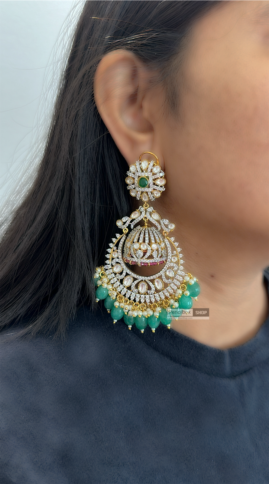 Green Statement Kundan Cz Premium Double jhumka Earrings