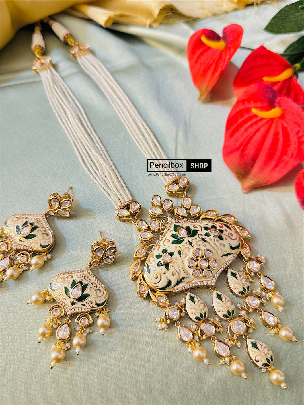 Green ivory Gold plated meenakari Tayani Premium Statement Necklace set