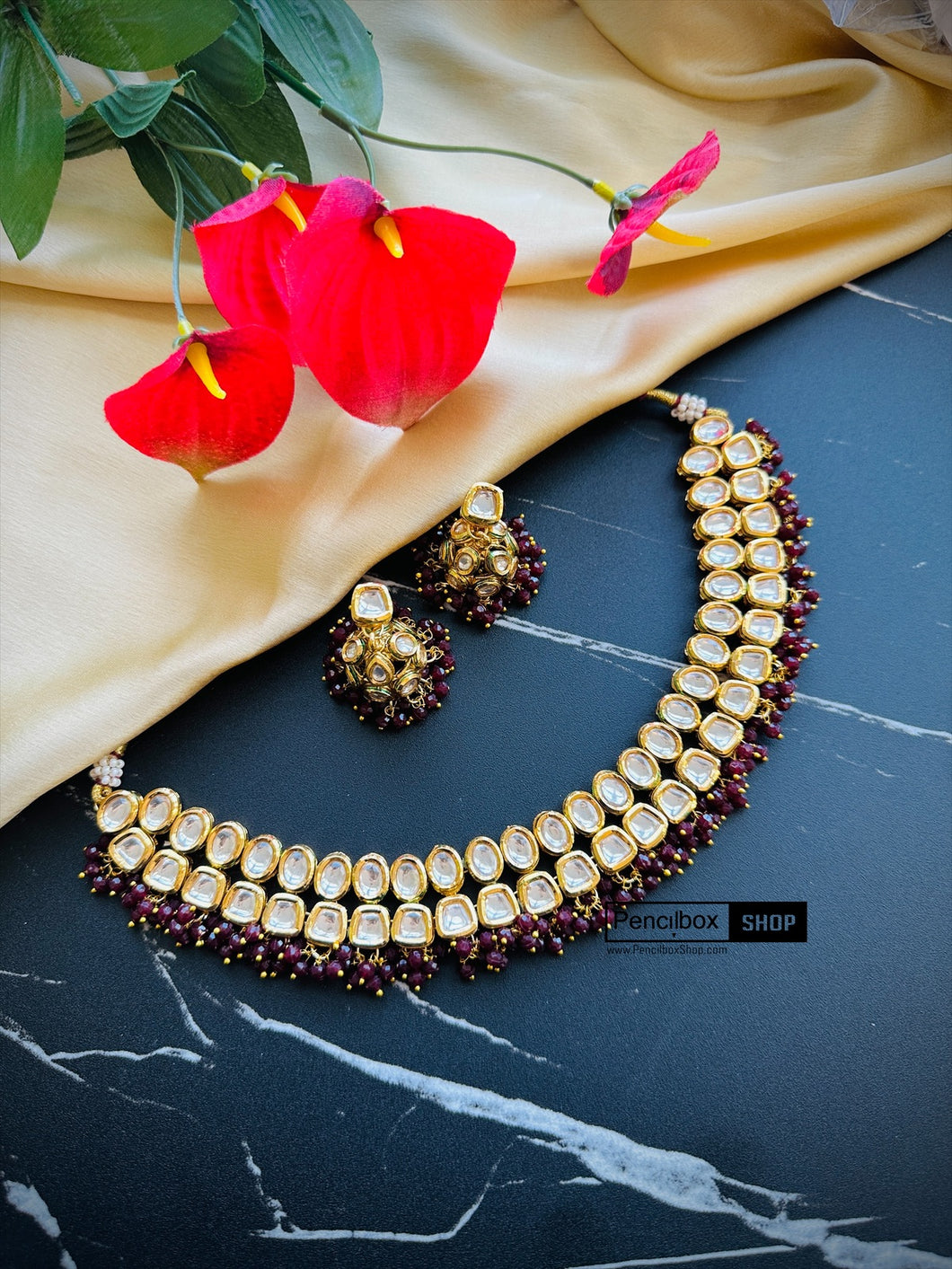 Kundan Beads back Meenakari Necklace set