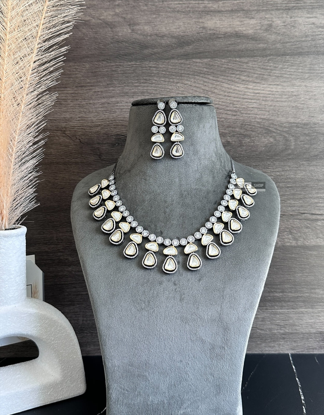 Dual Tone Uncut Kundan American Diamond Designer Premium Necklace set